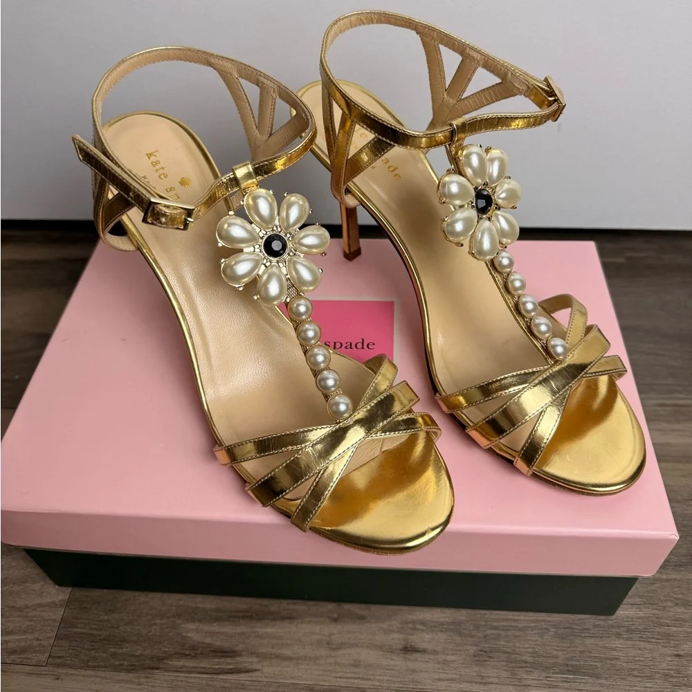 RARE Kate Spade Made In Italy Gold Pearl‎ Floral Heels 8.5B Stiletto